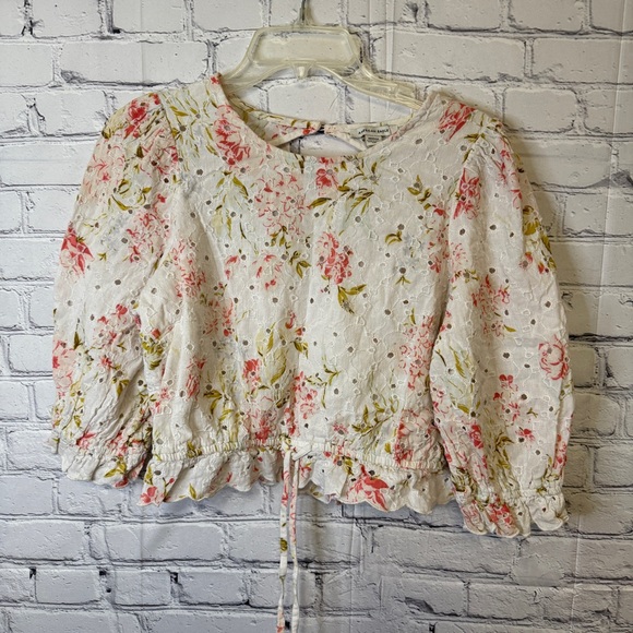 American Eagle Outfitters Tops - American Eagle Outfitters White Eyelet Crop Top with Pink Floral Print